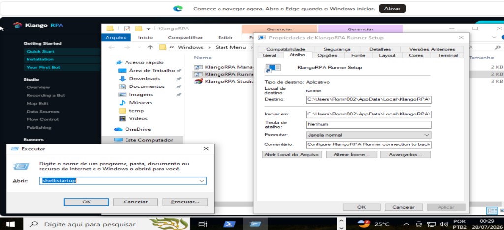 Win+R shell:startup and shortcut properties on Windows